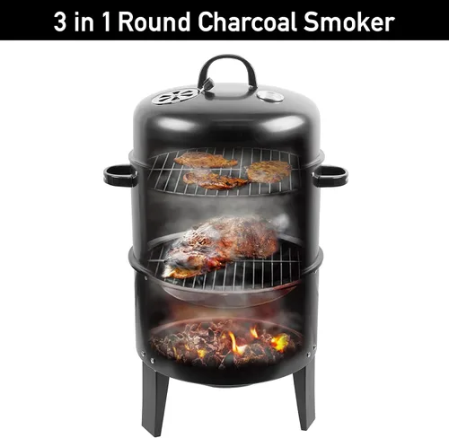 Miniatura 8 de Shikha Ahumador de barbacoa de carbón de 17 pulgadas con rejillas de dos niveles y termómetro al aire libre para fiestas en casa, humo vertical