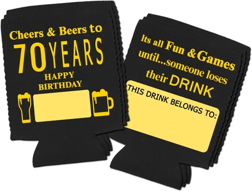 Miniatura 2 de Yangmics Direct Paquete de 12 fundas para enfriar latas de cumpleaños número 70, suministros para fiestas de cumpleaños número 70, color negro