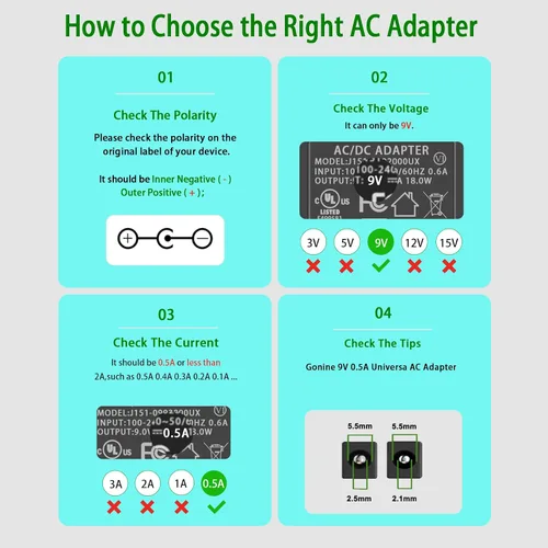 Miniatura 4 de Fuente de alimentación para pedal de guitarra Gonine, adaptador de corriente 9V 0.5A 500mA. Compatible with DC 9 Volt BOSS Guitar Effect Pedals