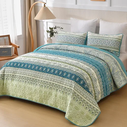 Miniatura 2 de WONGS BEDDING Juego de edredón bohemio tamaño Queen Aqua, juego de colcha de 3 piezas a rayas, de microfibra ligera y suave bohemia para todas
