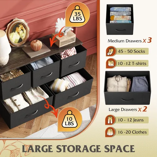 Miniatura 4 de WLIVE Cómoda para dormitorio con 5 cajones, cómoda ancha, cómoda de tela, unidad organizadora de almacenamiento con contenedores de tela para Negro