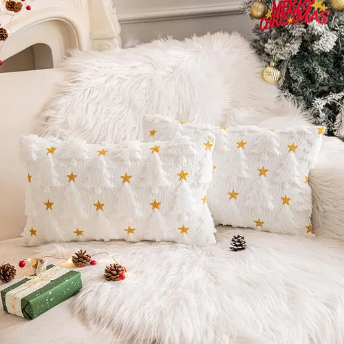 Miniatura 21 de AQOTHES Juego de 2 fundas de almohada de alce navideño de 18 x 18 pulgadas, suave piel sintética color beige crema, almohadas decorativas de Navidad