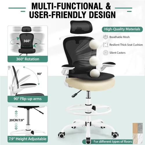 Miniatura 8 de Silla de Dibujo, Silla de Oficina Alta con Soporte Lumbar y para la Cabeza 3D, Silla Ergonómica de Malla para Escritorio de Pie con Anillo Blanco