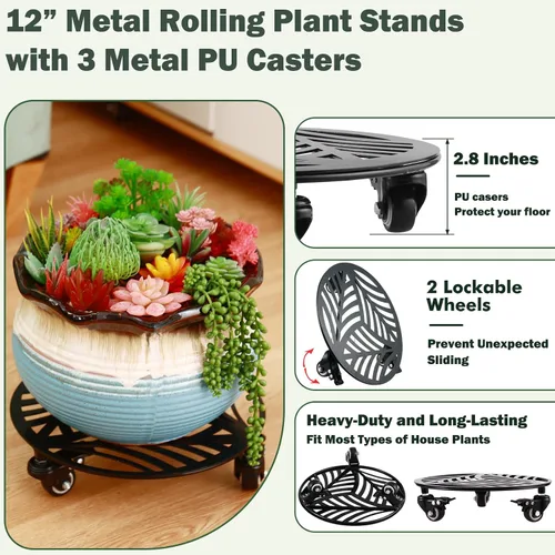 Miniatura 2 de 1 paquete de 30 cm de gran organizador de plantas de metal con 3 ruedas de PU metálicas, soporte rodante para plantas con ruedas para interiores