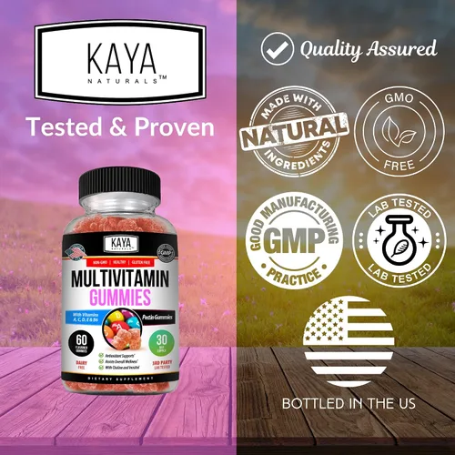 Miniatura 4 de Kaya Naturals Gomitas multivitamínicas para adultos, biotina, vitamina A, C y E, incluyendo zinc y vitamina B-12, ácido fólico, sabor a fresa