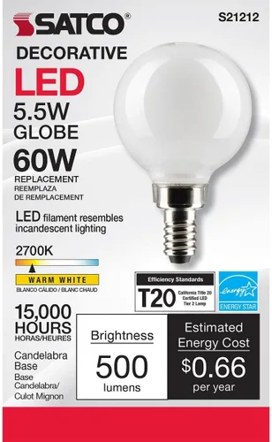 Miniatura 3 de Satco Bombilla LED E12 de 5.5 W, 2700 K, clasificación de 15000 horas, regulable