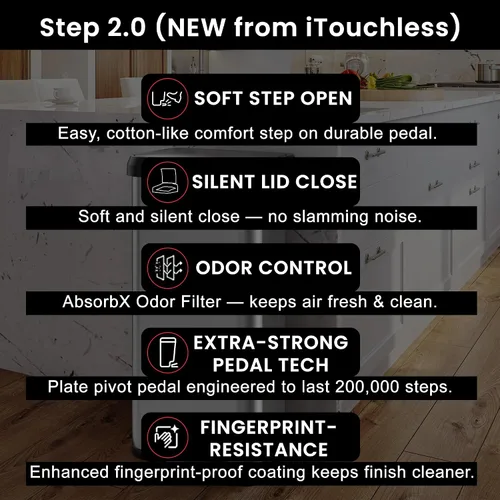 Miniatura 3 de iTouchless SoftStep 2.0 - Cubo de basura de cocina de 20 galones con absorbente de olores AbsorbX, cubo de basura grande de acero inoxidable