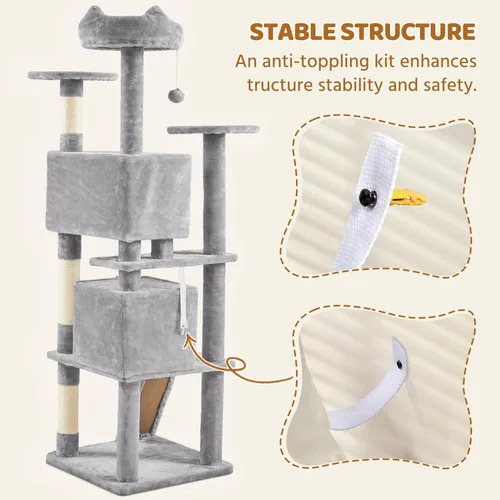 Miniatura 5 de Yaheetech Árbol para Gatos Multinivel de 70 Pulgadas Torre Alta para Gatos Mueble para Gatos con Condominio, Postes Rascadores y Pelota Colgante Gris