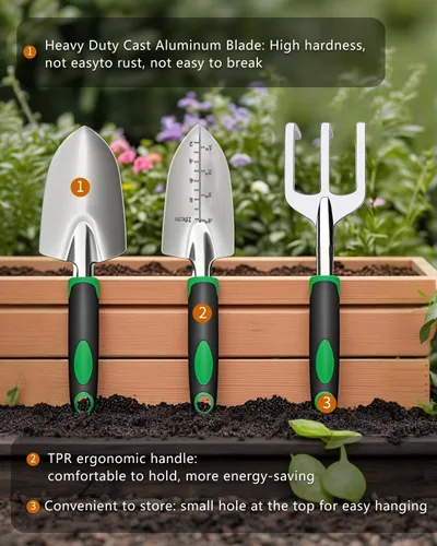 Miniatura 3 de Herramientas de jardín, juego de herramientas de jardín de aluminio fundido resistente con paleta de mano, paleta de trasplante, rastrillo
