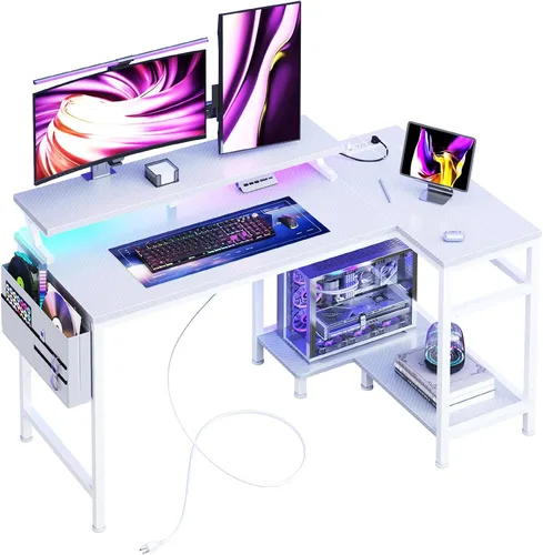 DUMOS Escritorio para videojuegos, escritorio para computadora con puertos de carga USB, tomas de corriente, Tipo-C y luces LED, escritorio