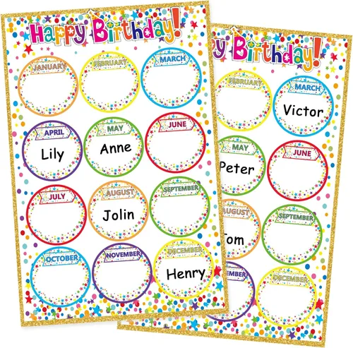 Miniatura 8 de Tabla de feliz cumpleaños para aula, 2 unidades, decoración de póster de cumpleaños de 17 x 12 pulgadas, recortes de calendario de cumpleaños