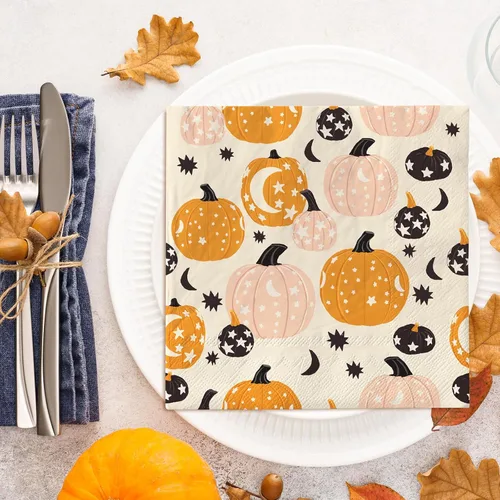 Miniatura 4 de AnyDesign Paquete de 80 servilletas de papel de otoño de 6.5 pulgadas, servilletas de calabaza naranja y rosa desechables, servilletas cuadradas