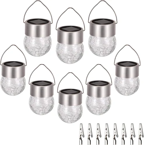SUNWIND Luces solares colgantes para exteriores, paquete de 8 luces decorativas de jardín de vidrio agrietado, impermeables, para patio, valla,