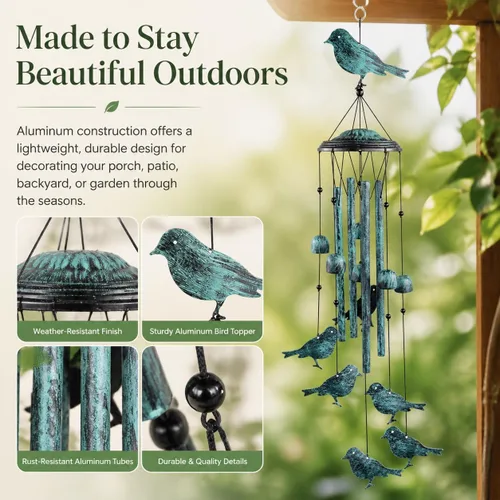 Miniatura 5 de Campanillas de viento de pájaros para exteriores, campanillas de viento para exteriores con 4 tubos grandes de aluminio y gancho en S - decoración