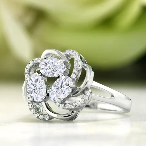 Miniatura 36 de Gem Stone King Flower Blossom Gemstone Birthstone Ring in 925 Sterling Silver 3-Stone Oval 6X4MM with Sparkling Accents Wedding Anniversary