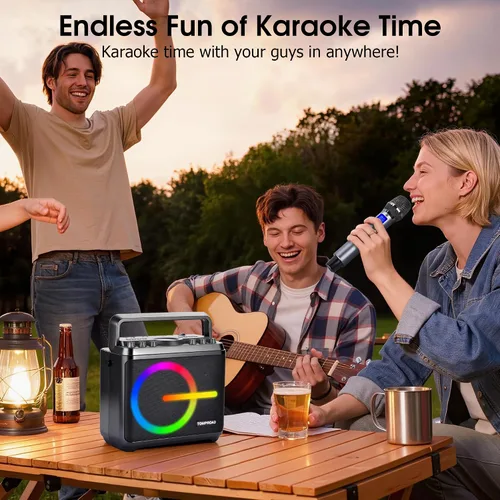 Miniatura 7 de Máquina de karaoke, altavoz Bluetooth con 2 micrófonos inalámbricos, amplificador de voz portátil, sistema PA para adultos y niños con luces LED
