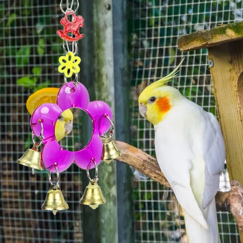 Miniatura 5 de Juguete de espejo de pájaro colgante Campana de timbre colorido columpio jaula de juguete con sonido dulce para loro pequeño mediano periquito