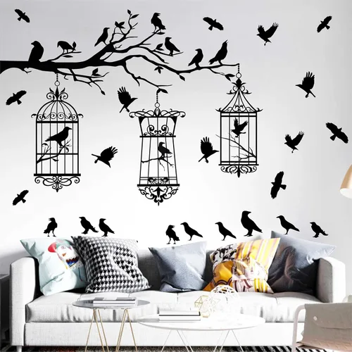 Miniatura 2 de Calcomanías de pared de ramas de árbol de Halloween, cuervo negro, pájaro, pájaro, pelar y pegar, calcomanías de cuervo para jaula de pájaro, Jaula