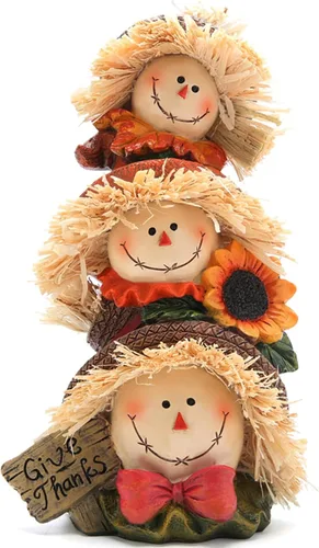 Miniatura 9 de Hodao Decoraciones de Acción de Gracias para mesa, figura familiar de espantapájaros de resina de otoño con cesta de calabaza, maíz y manzana