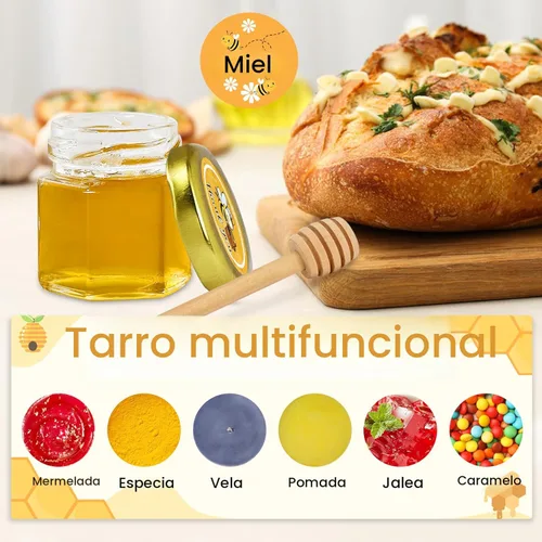 Miniatura 5 de Aliggbent Paquete de 48 mini tarros de miel para fiestas a granel, tarros de miel pequeños hexagonales de vidrio de 1.5 onzas con varitas de miel