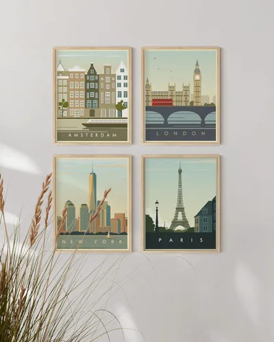 Miniatura 4 de HAUS AND HUES Pósteres de viaje vintage de ciudad, juego de 4 pósteres de viaje de Londres, impresión de Nueva York, póster de pared de París y Sin