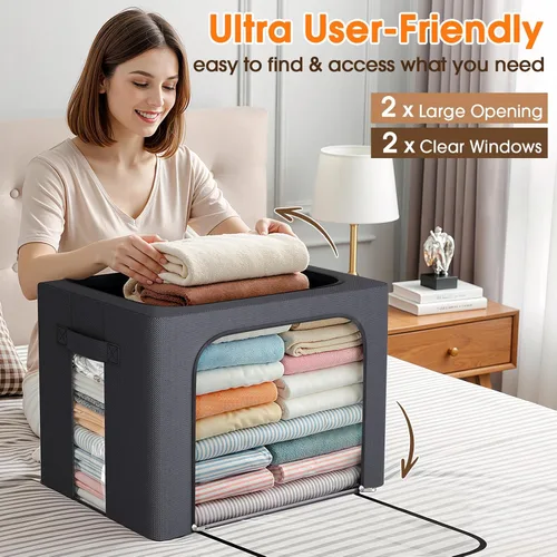 Miniatura 5 de Paquete de 4 contenedores de almacenamiento de ropa con marco de metal, cajas de almacenamiento plegables de tela de 40 L con ventana transparente
