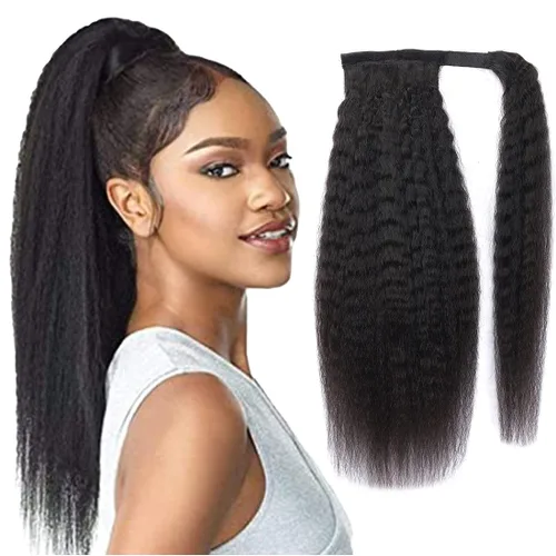 Extensión de Cola de Caballo de Cabello Humano Kinky Recto con Pasta Mágica Envolvente de 30,48 cm, Cabello Natural Negro Brasileño, Extensiones con