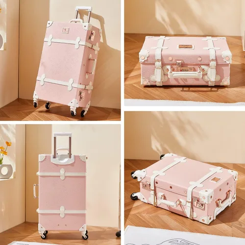Miniatura 2 de Unitravel Juego de equipaje vintage de 3 piezas para mujer con cerradura TSA, Rosa en relieve.