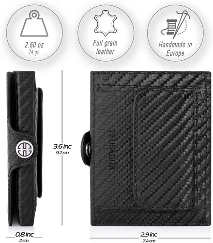 Miniatura 2 de TRUSADOR Valencia Cartera de piel unisex pequeña compacta bolsillo frontal RFID con bolsillo monedero, Carbon, Con bolsillo para monedas