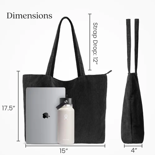 Miniatura 4 de VANDEL Bolso tote de pana para mujeres y hombres con cremallera y bolsillos interiores. Bolso tote con cremallera, bonita bolsa estética