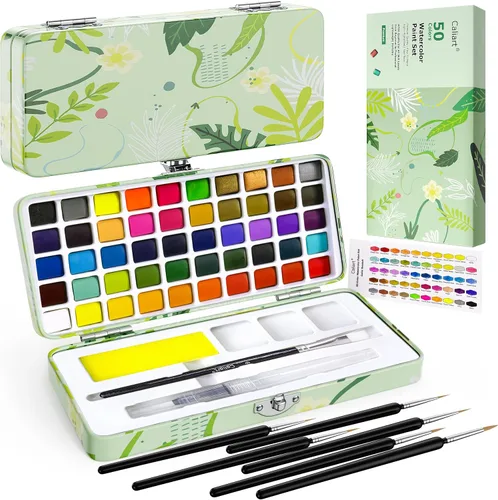 Juego de acuarela lavable de 50 colores, 6 pinceles, kit portátil de viaje con estuche de transporte, paleta y accesorios, suministros no tóxicos,