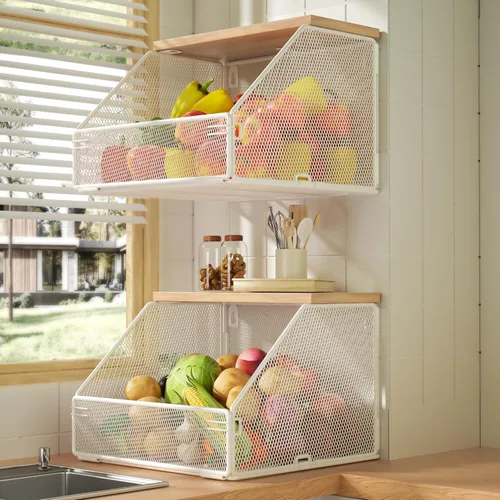 Miniatura 7 de Cesta de frutas apilable para encimera de cocina, ahorro de espacio, cesta de alambre de malla de metal montada en la pared con tapa de madera, Negro
