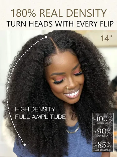 Miniatura 2 de YIROO Peluca de cabello humano rizado profundo, sin pegamento, con mezcla de fibra, cierre de encaje 4x4, densidad del 180 %, predepilada, afro