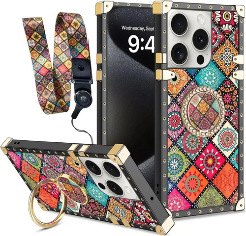 Miniatura 12 de nancheng Funda para iPhone 15, diseño de flor de mariposa azul, TPU suave, a prueba de golpes, con soporte de anillo y cordón a juego, elegante