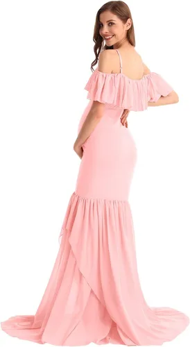 Miniatura 36 de MYRISAM Vestido de maternidad con volantes y hombros descubiertos para mujer, vestido de fiesta de sirena de gasa, vestido ajustado