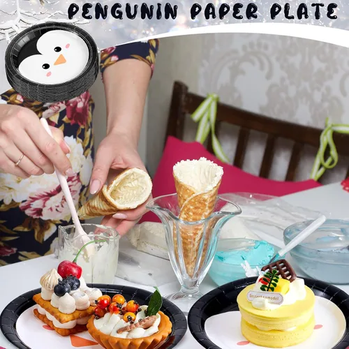 Miniatura 5 de Yungyan 48 piezas de decoraciones de fiesta de invierno de 7 pulgadas, platos de papel de pingüino, suministros de fiesta de pingüinos, platos
