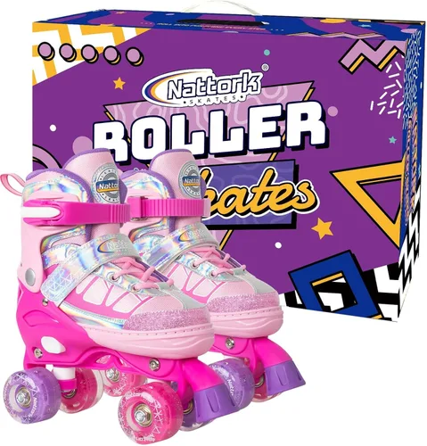 Miniatura 6 de Nattork Patines de ruedas para niños y niñas, 4 tamaños ajustables con ruedas iluminadas para niños principiantes para interiores y exteriores Rojo