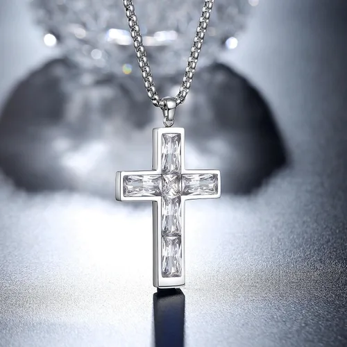 Miniatura 41 de Collar de cruz para hombre, piedras preciosas de color piedra natal de circonita cúbica, collar de acero inoxidable para hombre, cadena de 24