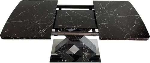 Miniatura 4 de Mesa de comedor cuadrada moderna, de 47.24 a 62.99 pulgadas de largo, elástica, con estampado de mármol negro + patas de mesa en forma de X de MDF