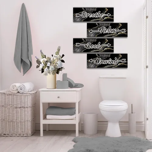 Miniatura 4 de Lnond 4 piezas de arte de pared de mármol negro y dorado para baño, decoración de letreros de relajación y respiración, arte de pared de baño
