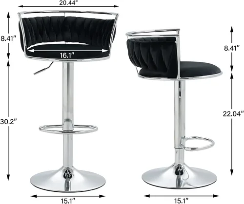 Miniatura 2 de Juego de 2 taburetes de bar giratorios de 360°, silla de bar de terciopelo ajustable a altura de mostrador moderna, taburete de metal plateado