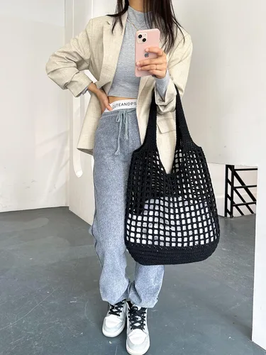 Miniatura 8 de ENBEI Bolso de playa plegable para mujer, lavable y ligero, bolso de hombro tejido ecológico para viajes, compras, regalos