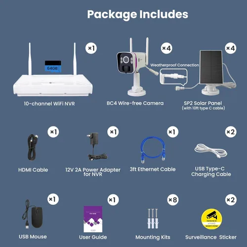 Miniatura 9 de xmartO Sistema de cámara de seguridad solar inalámbrico, 10CH 4K expandible WiFi6 NVR+4* 4MP 2K cámaras para exteriores, todo tipo de clima, audio