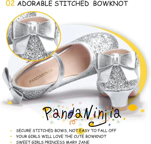 Miniatura 3 de PANDANINJIA Vestido de jada para niñas y niños pequeños, zapatos de princesa Mary Jane con tacones con lazo para fiesta, boda, boda