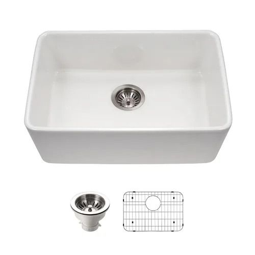 Houzer Platus Fregadero de cocina de arcilla refractaria blanca: fregadero de un solo tazón de 24 pulgadas con colador y rejilla, duradero y