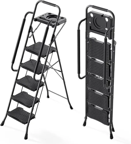 Miniatura 9 de KINGRACK - Escalera plegable de 4 escalones, escalera de 4 pasos con pedal ancho antideslizante y pasamanos, escalera doméstica ligera, aprueba