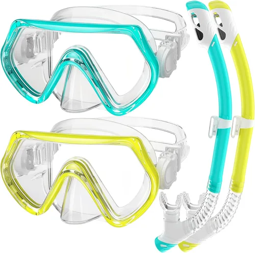 Miniatura 9 de 2 juegos de equipo de esnórquel para niños de 3 a 14 años, antivaho 180° Clear View Dry Top Snorkel Set, máscara de natación con cubierta nasal