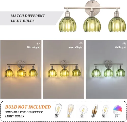 Miniatura 4 de Shenmoyl Accesorios de Iluminación para Baño, Luz de Pared de Tocador de 3 Luces Sobre Espejo con Pantalla de Cristal de Tulipán Verde para Base