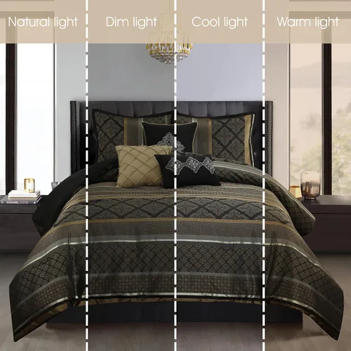 Miniatura 5 de Grand Avenue Juego de edredón geométrico negro y dorado, tamaño California King, juego de ropa de cama jacquard de 7 piezas, ultra suave, fundas a