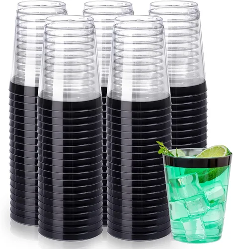 Miniatura 10 de DaYammi Paquete de 200 vasos de plástico dorados de 10 onzas, vasos de vino desechables con borde dorado, vasos de vino desechables de lujo, vasos